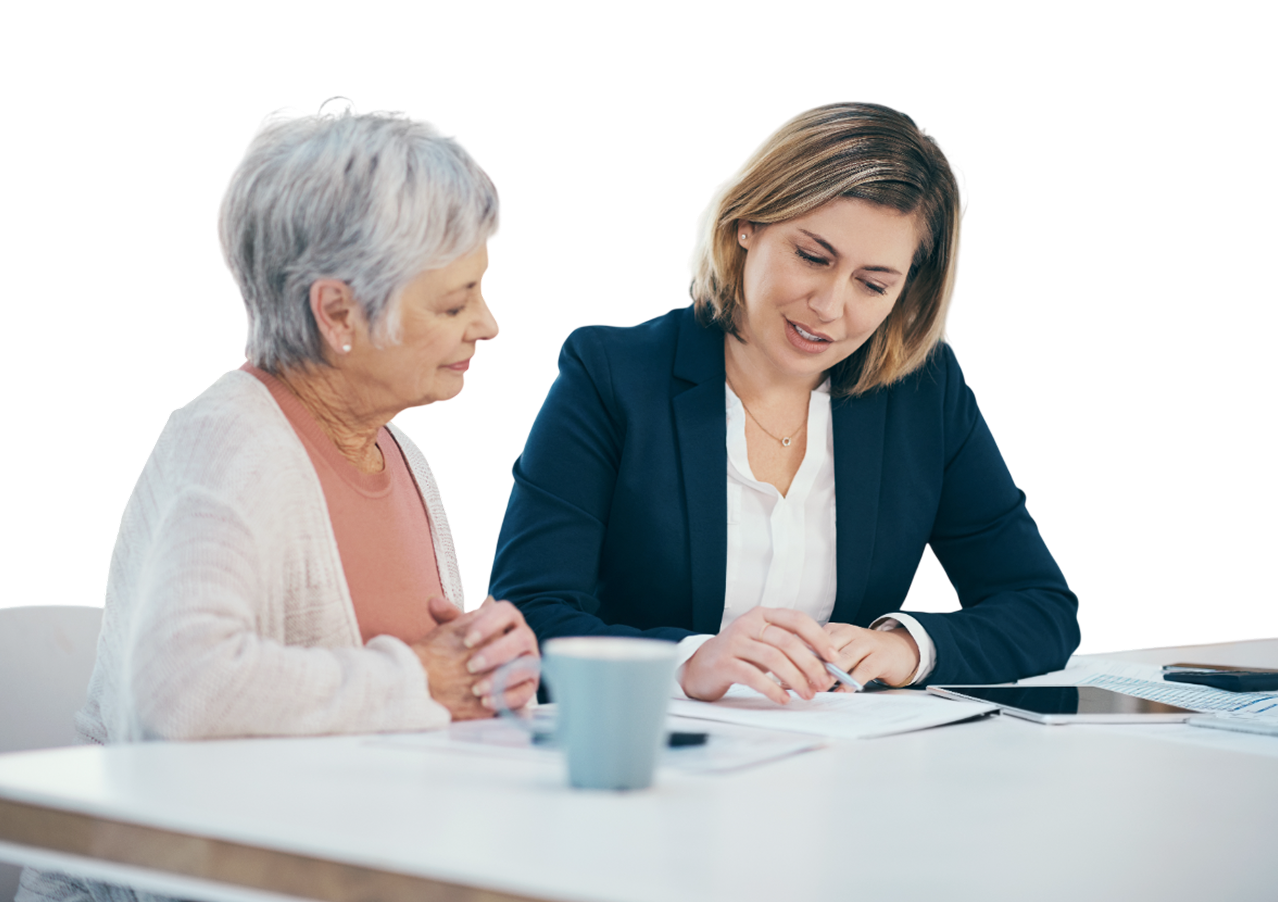 Advisor helping senior woman with paperwork